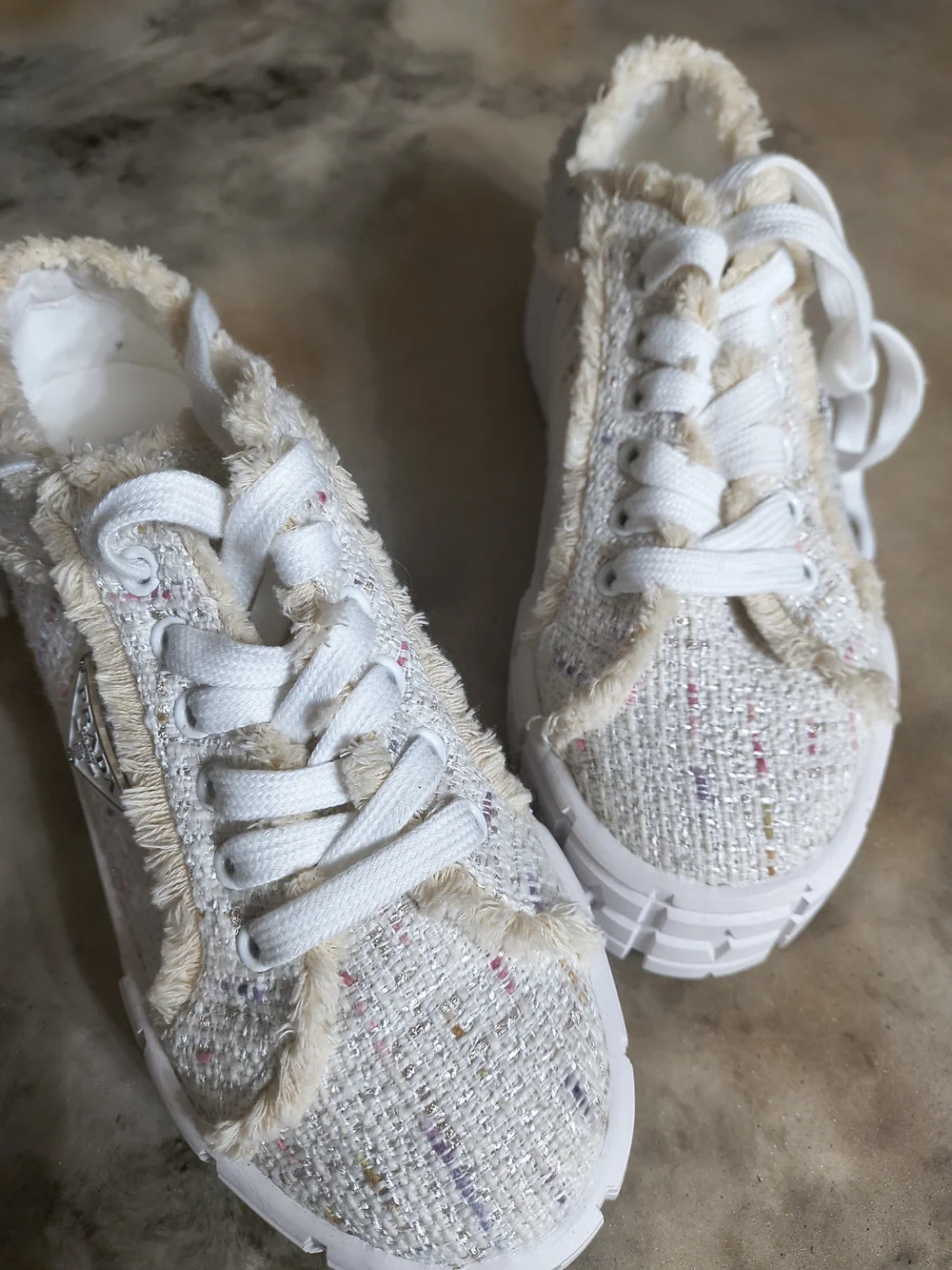 Textured Cream Platform Sneakers with Frayed Trim With Platform Sole